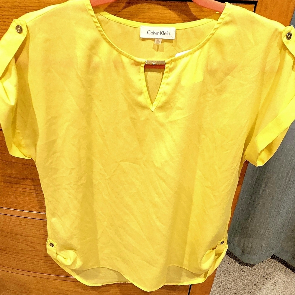 Calvin Klein Yellow Women's Top, Cap Shoulder, Tucked Waist, XS